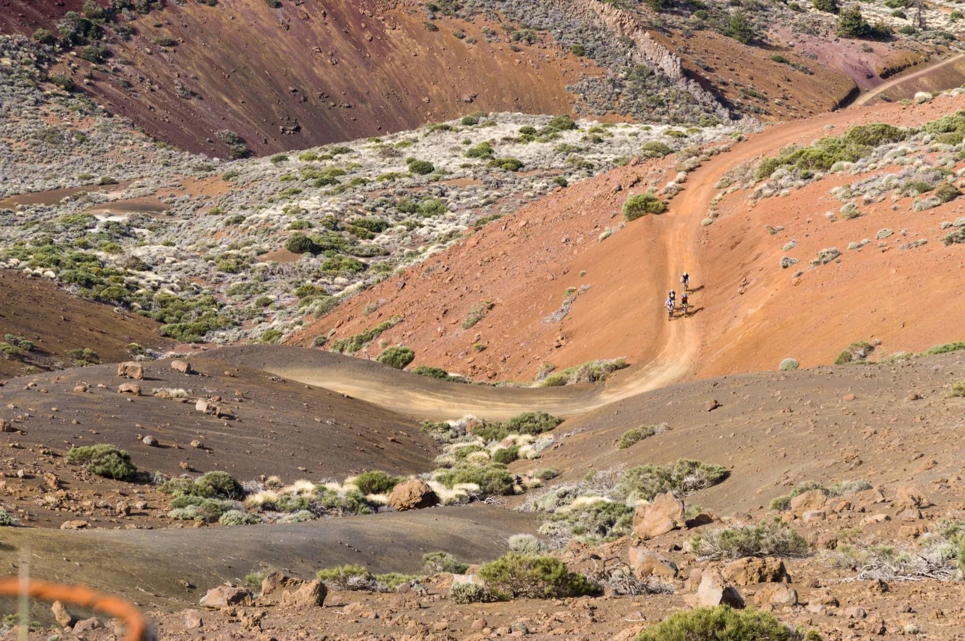 Four mountain-bike riders on extreme volcanic road