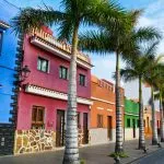 Colourful houses and palm trees on street in Puerto de la Cruz, Tenerife, Canary Islands.